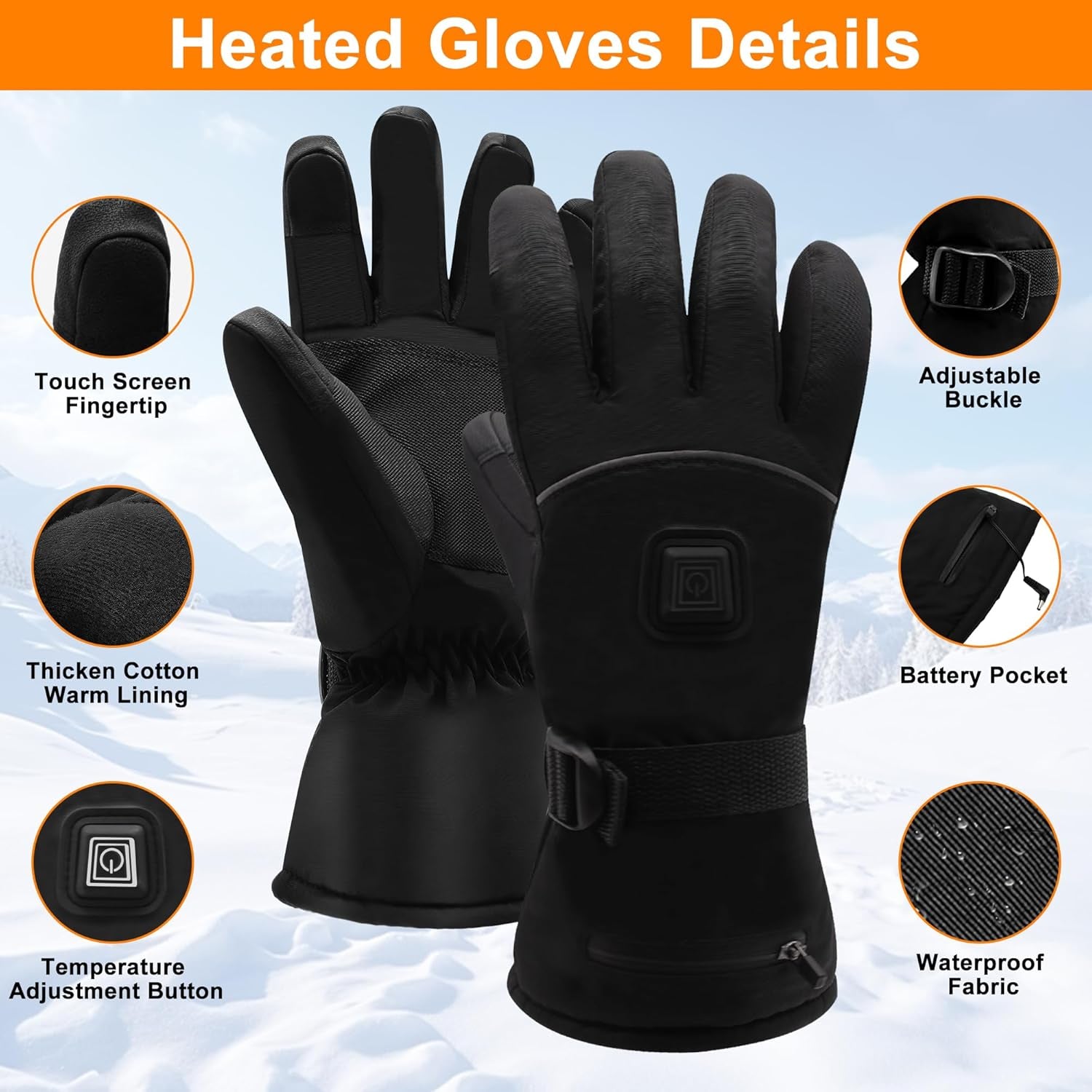 Heated Gloves,Electric Rechargeable Battery Power Waterproof Touchscreen Heated Gloves for Men Women, 3 Heating Temperature Adjustable Thermal Gloves for Skiing Hunting Fishing Camping Cycling