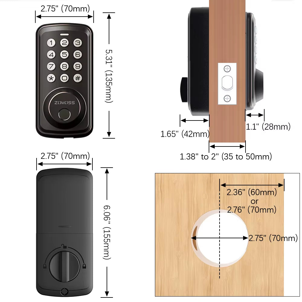 Smart Door Lock, Keyless Entry with Keypad, USB Charging, Aluminum Alloy, American Standard Lock Body, ≤36V Operating Voltage