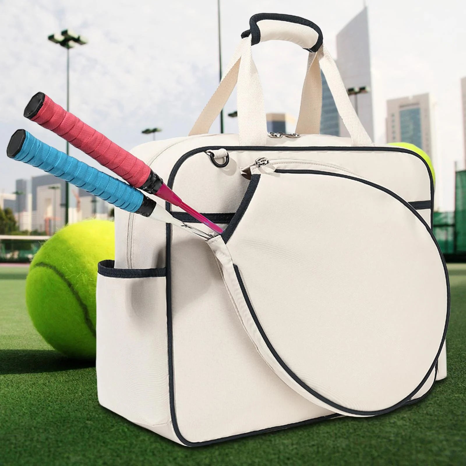 Tennis Racket Bag Sport Bag Large Racquet Covers Pickleball Racket Storage Tennis Handbag for Swimming Outdoor Sport Travel Gym Training, White