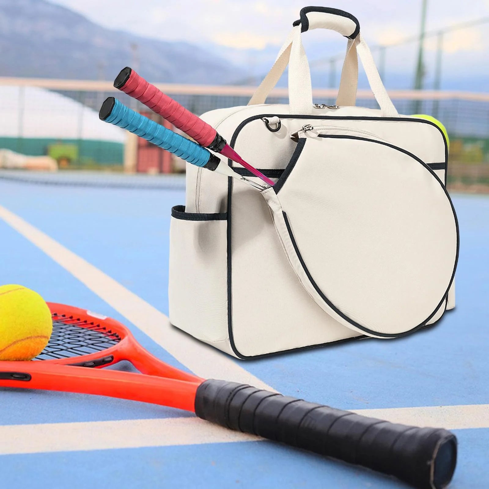 Tennis Racket Bag Sport Bag Large Racquet Covers Pickleball Racket Storage Tennis Handbag for Swimming Outdoor Sport Travel Gym Training, White